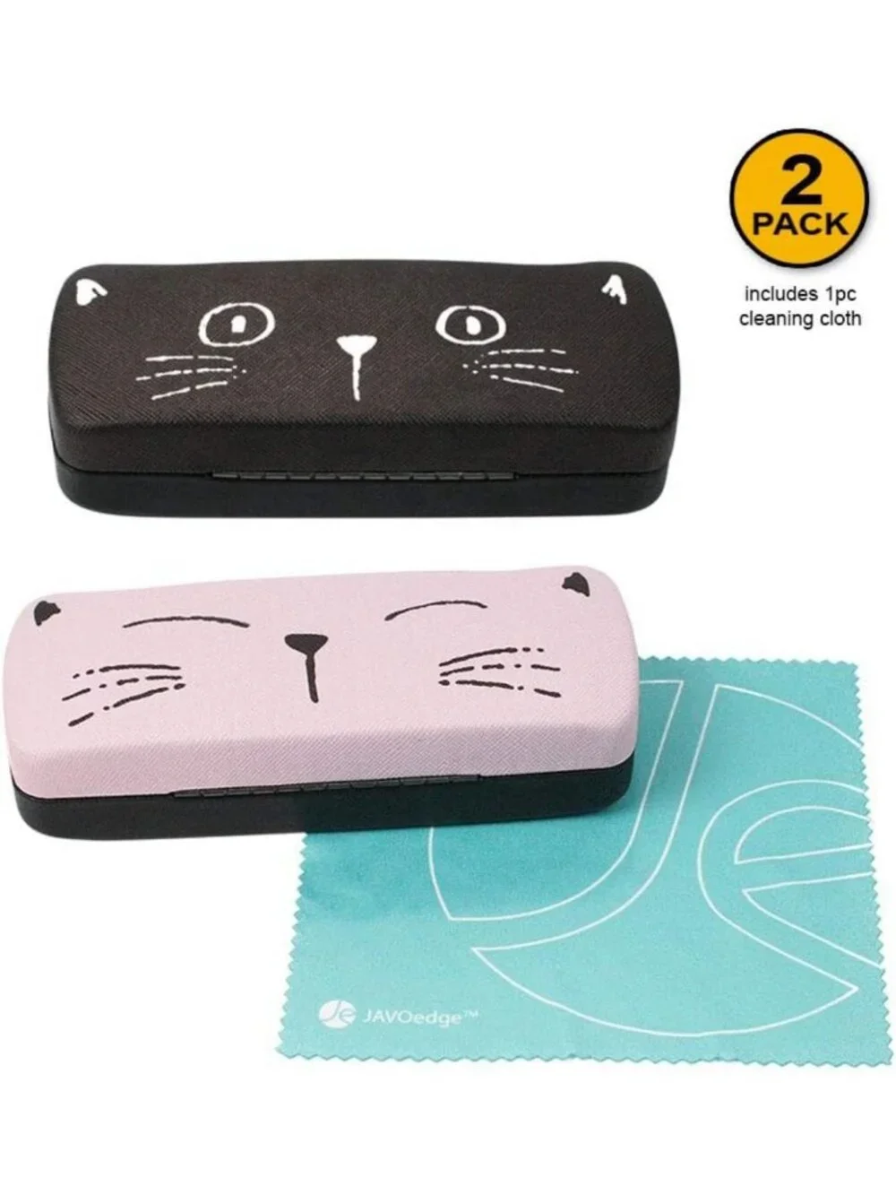 2-Pack Cute Cat Face Eyeglass Cases with Microfiber Cloth - Multi-Color Storage